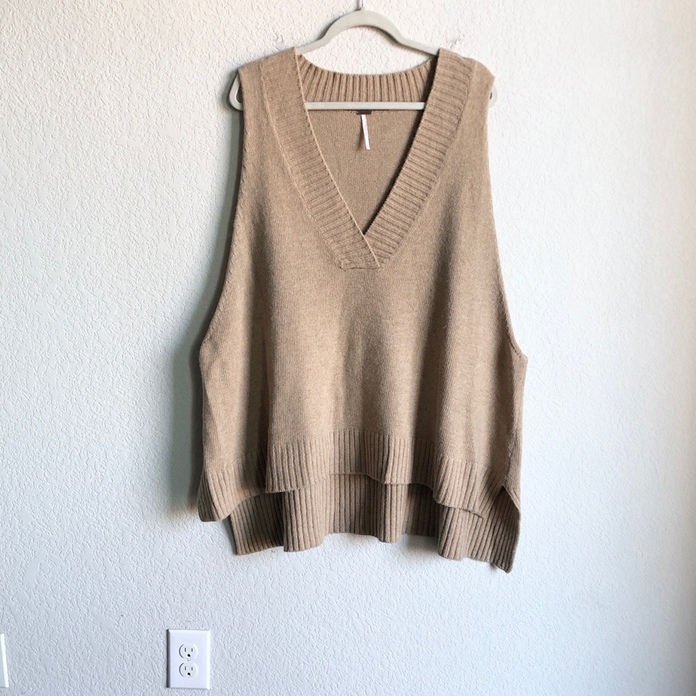Free People Oversized Tunic Sweater Sleeveless Tan Wool Blend Lagenlook Layering